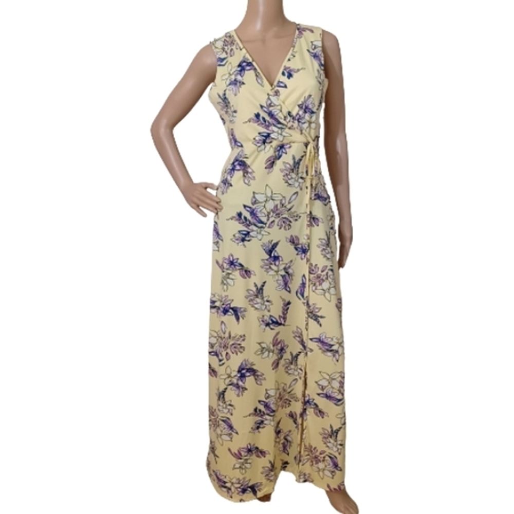 Nina Leonard Yellow Floral Faux Wrap Maxi Dress